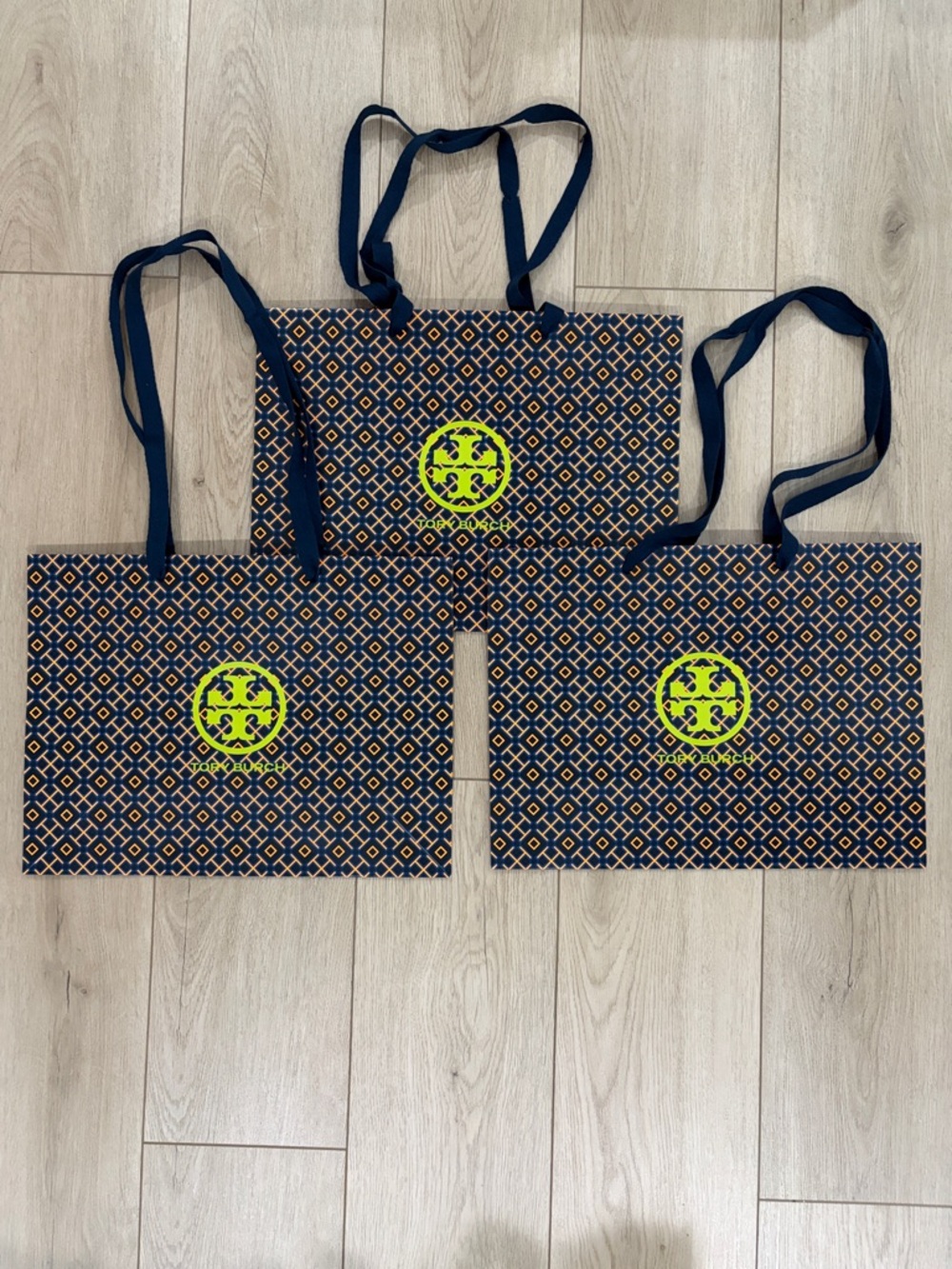 NEW Tory Burch Navy & Orange Medium Shopper Tote Set of 3 with Lime Logo